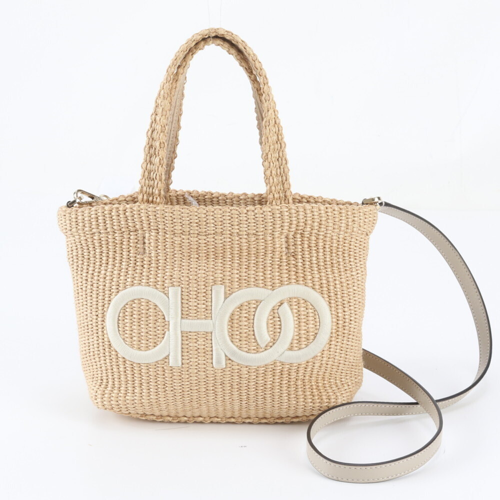 Jimmy Choo Raffia Basket Bag Leather 2-Way Shoulder Handbag Tote for Women